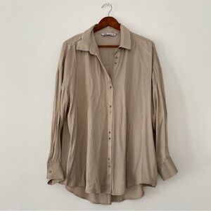 Zara tan cream satin long sleeve button up blouse women size xl